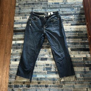 High waist dark blue denim raw crop jeans